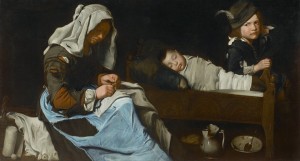 Woman Sewing with Two Children